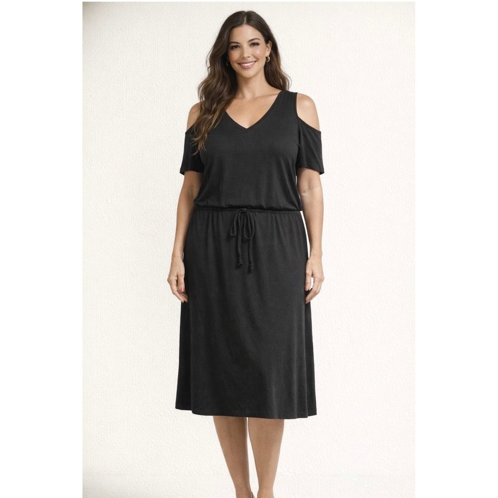Soft Surroundings Black Cold Shoulder Midi Dress Cotton Knit Drawstring Waist L